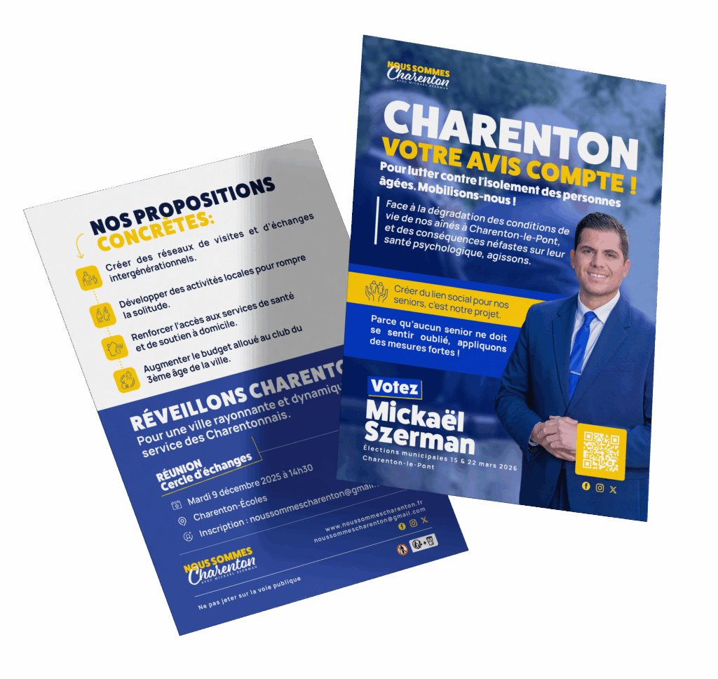 propectus campagne nous sommes charentons pour les seniors avec mickael szerman sur la droite et un fon bleu blanc et jaune