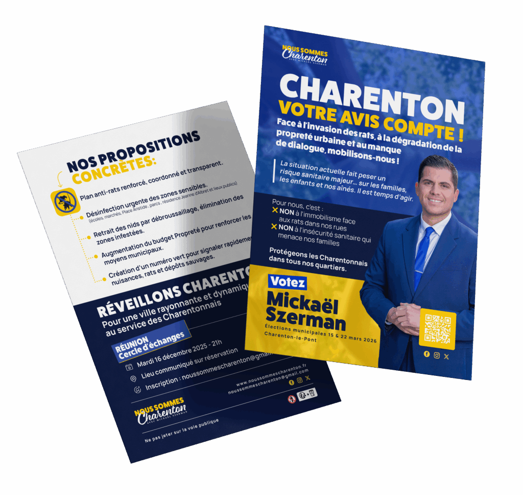 propectus campagne nous sommes charentons sur le stationnement en ville avec mickael szerman sur la droite et un fon bleu blanc et jaune