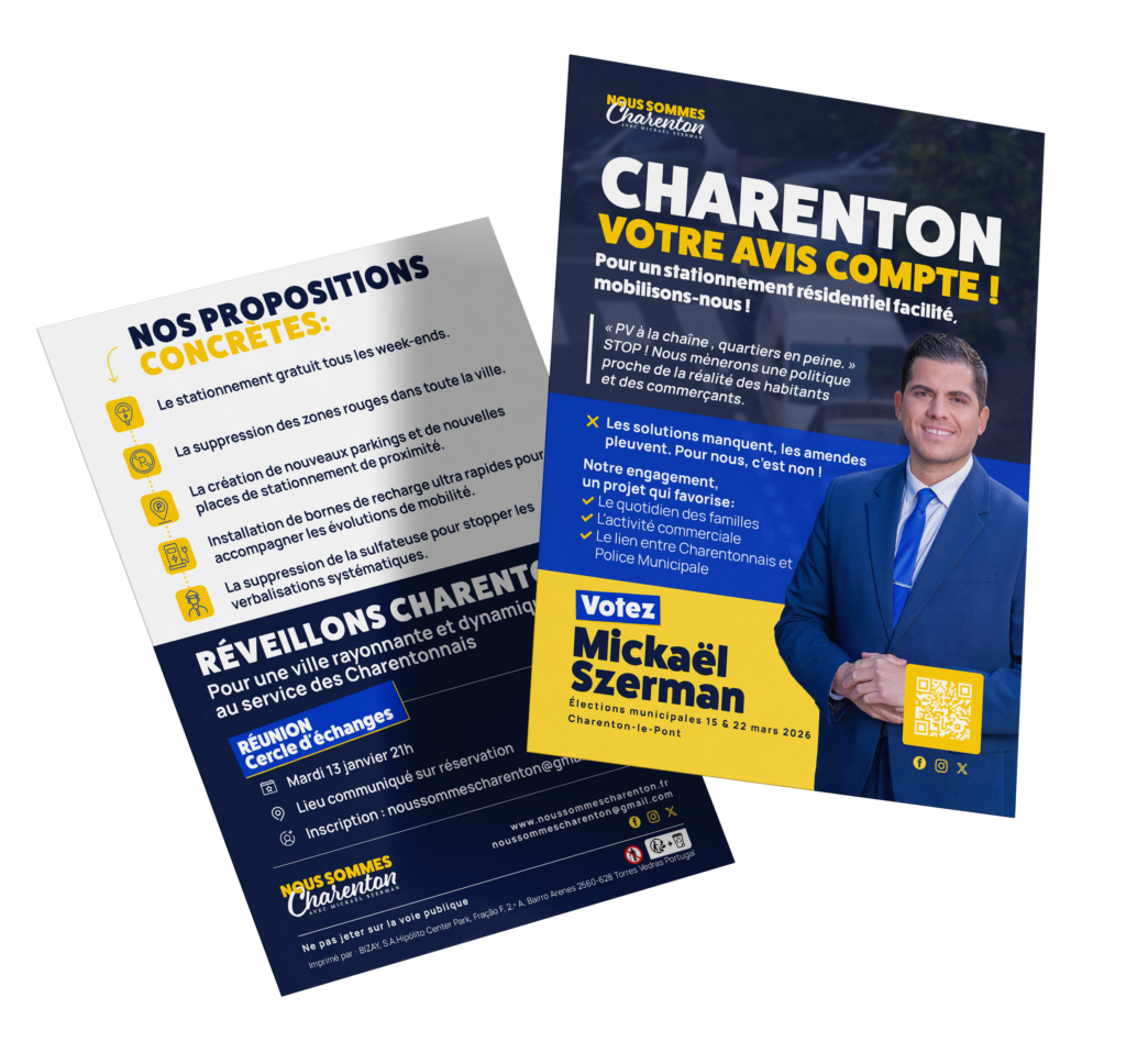 propectus campagne nous sommes charentons sur le stationnement en ville avec mickael szerman sur la droite et un fon bleu blanc et jaune